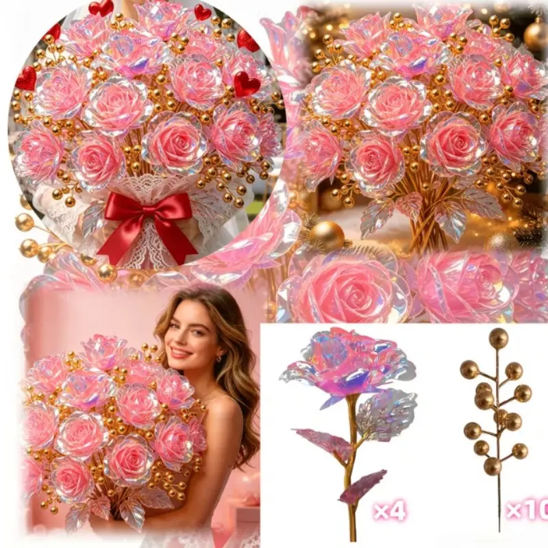 Artificial Crystal Golden-Plated Roses with Gold Berries, Iridescent Decor, Faux Floral Decor, Maintenance-Free, Perfect for Holidays and Events