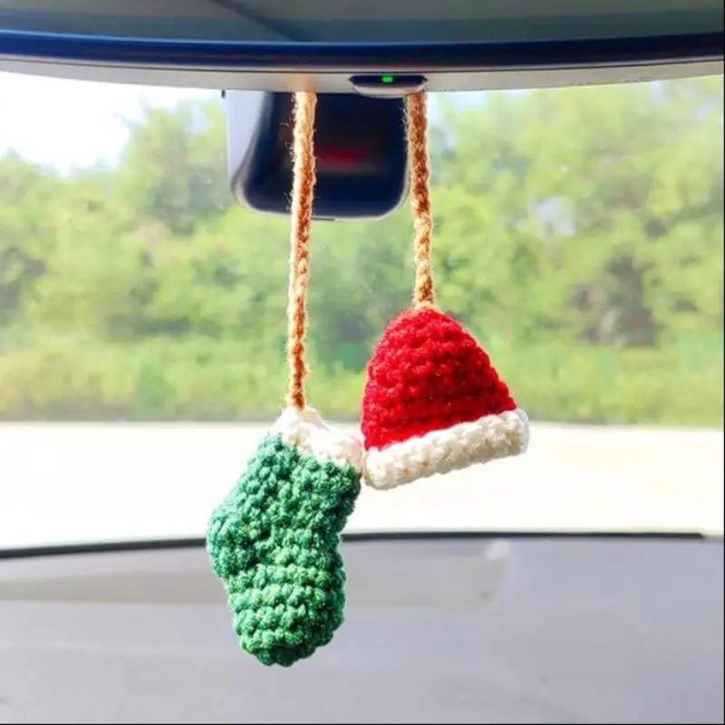 Handmade Crochet Christmas Car Rearview Mirror Ornament, Santa Hat and Sock Car Interior Decor, Car Hanging Decoration, Christmas Gift