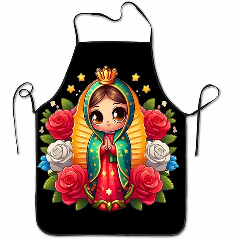 1pc Religious Cute Themed Kitchen Cooking Apron, Q Version of the Floral Print of Our Lady of Guadalupe, Suitable for Latin American Religious-Themed Home Cooking and Faith-Related Festive Occasions, Kitchen Aprons