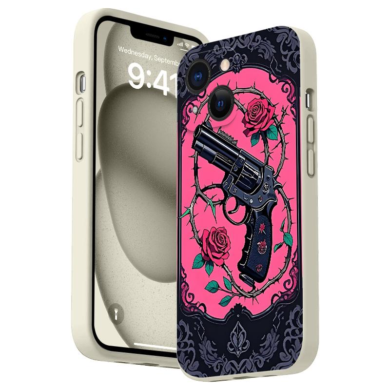 Straight Edge Gun And Rose Pattern Man's Phone Case for iPhone 15 16 14 Pro Max 13 12 11 XR XS Plus Shockproof Non Slip Military-Grade Protection Silicone Cover Cellphone Protective Smartphone Casing