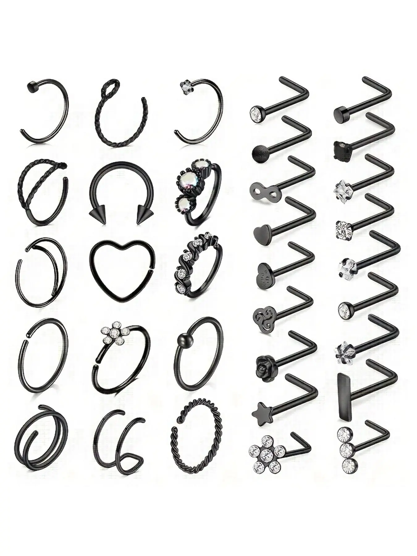 Punk Style Rhinestone Decorated Nose Studs and Hoops, 33pcs Fashionable Nose Rings Set for Women & Men for Party & Daily Clothing Decor, Trendy All-match & Exquisite Body Piercing Jewelry for Daily Wear