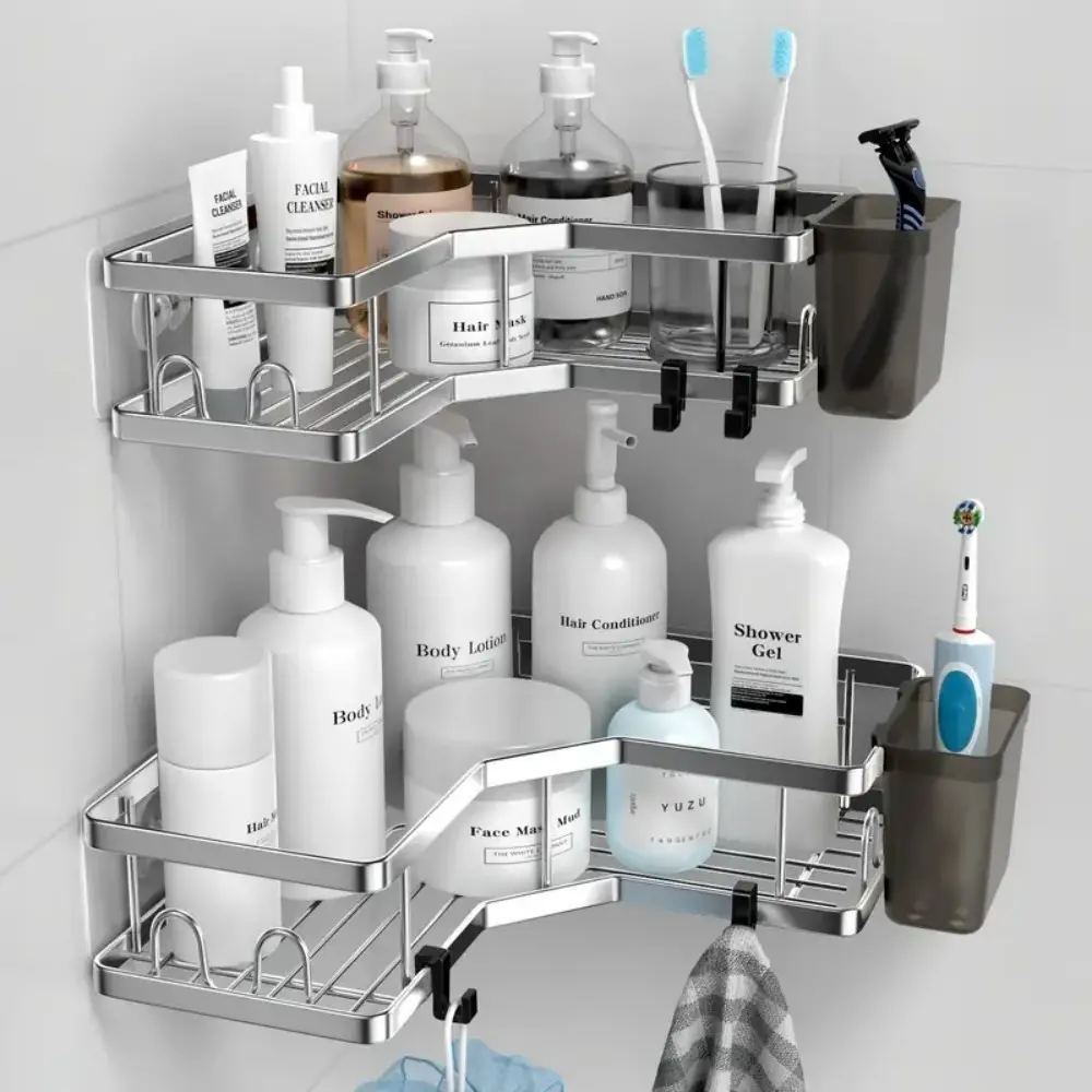 2-Pack Bathroom Shelf Set, Bathroom Accessory Set, Self-Adhesive Stainless Steel Shower Rack, Wall-Mounted Corner Organizer, Hooks & Toothpaste Holder, for Bath, Dorm, Kitchen