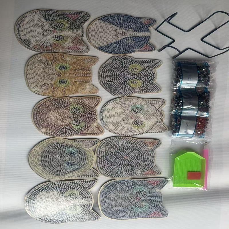 Cat-Themed Diamond Art Painting Coasters With Wooden Base, Diy Craft Kit For Beginners And Adults, Non-Slip Drink Pads For Home Table Decor, Ideal Handmade Gift And Daily Tabletop Accessory