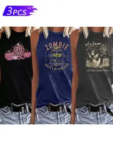 Women's Halloween Sleeveless Tank Top Set, Casual Stretchy Round Neck, All-Season Fun Design, Elastic Fabric
