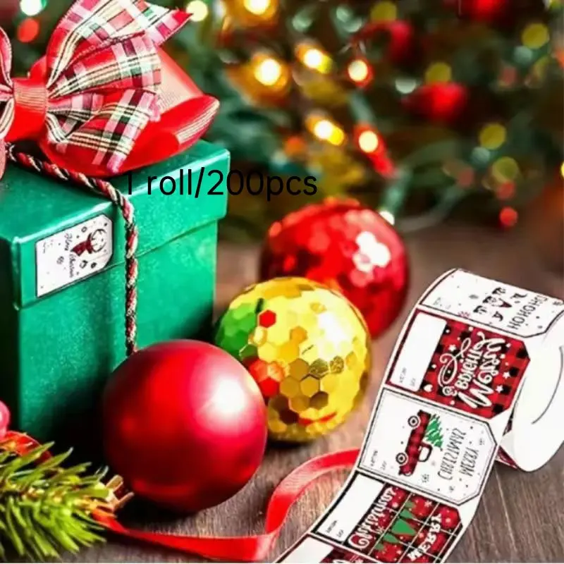 Self-Adhesive Holiday Gift Tags Roll, 200 Labels for Christmas Presents, Craft Supplies, Adhesive Stickers for Packaging, Sticky Labels