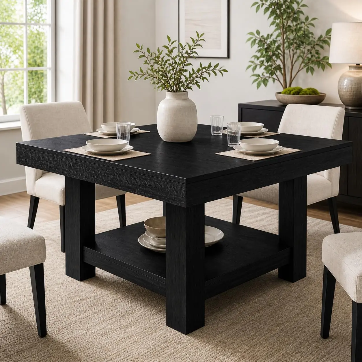 Modern Square Dining Table (Space Saving Furniture), 2-Tier Storage Shelf, Sturdy Triangle Base Legs, Waterproof MDF & PB Wood Construction, Compact Table for 4-6 People in Small Apartments