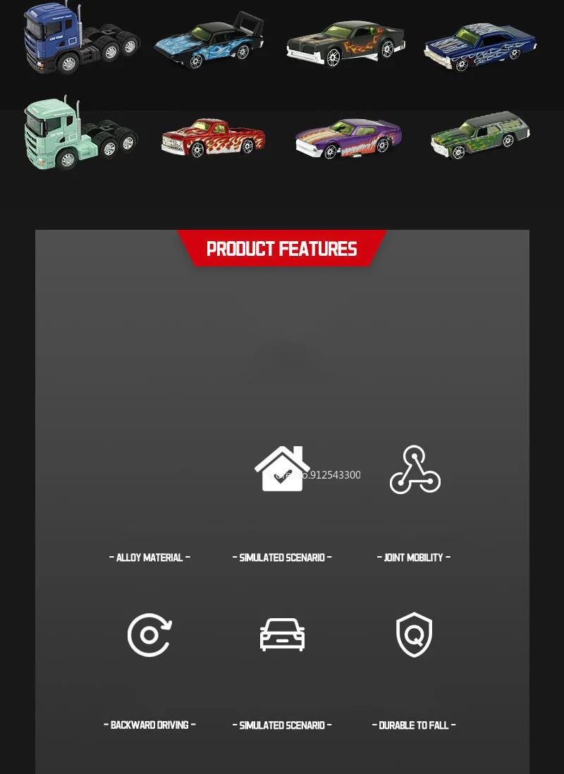 Scale 1:64 Container Alloy Trailer Model Toy Car Diecast Metal Movable Joint Pull Back Rescue Engineering Vehicles Gifts for Kid