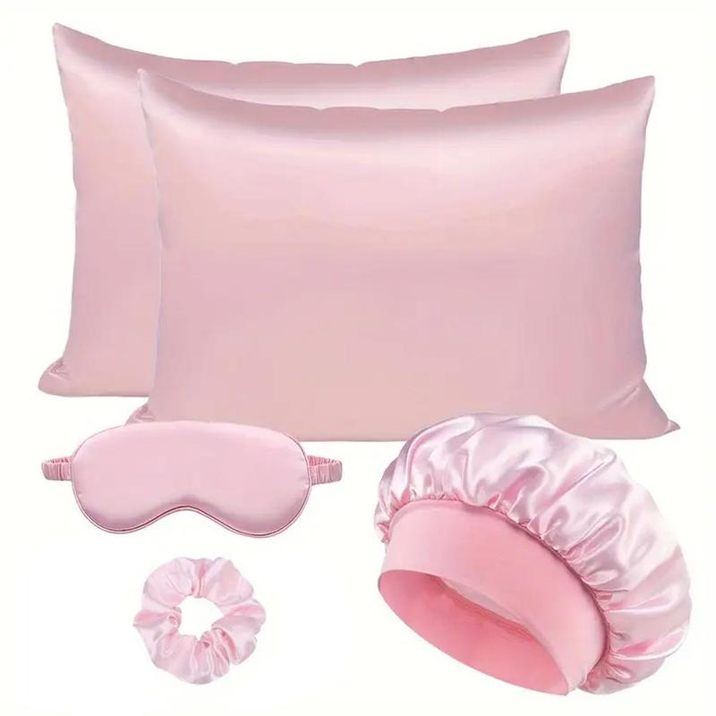 Satin Soft Sleep Set, Including 2pcs Silky Pillowcases, 1pc Breathable Hair Bonnet, 1pc Adjustable Weighted Sleep Eye Mask and 1pc Hair Scrunchie, Simple and Comfortable Bedding Sleep Aid Set, Sleeping Eye Mask