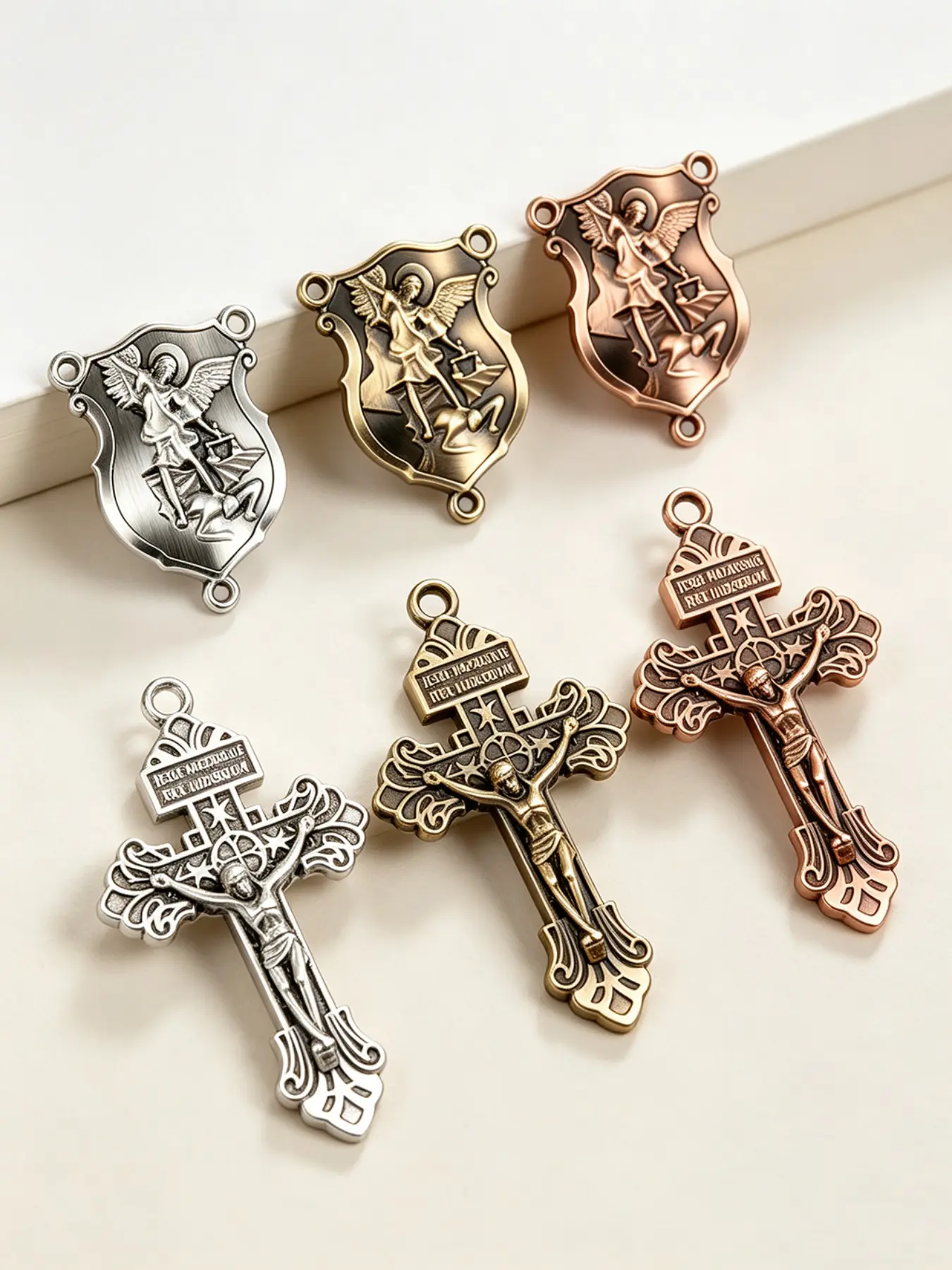 6pcs/3 Sets Angel Three-Hole Connectors + Cross Alloy Pendant, DIY Bracelet Necklace Accessories, Jewelry Making Supplies