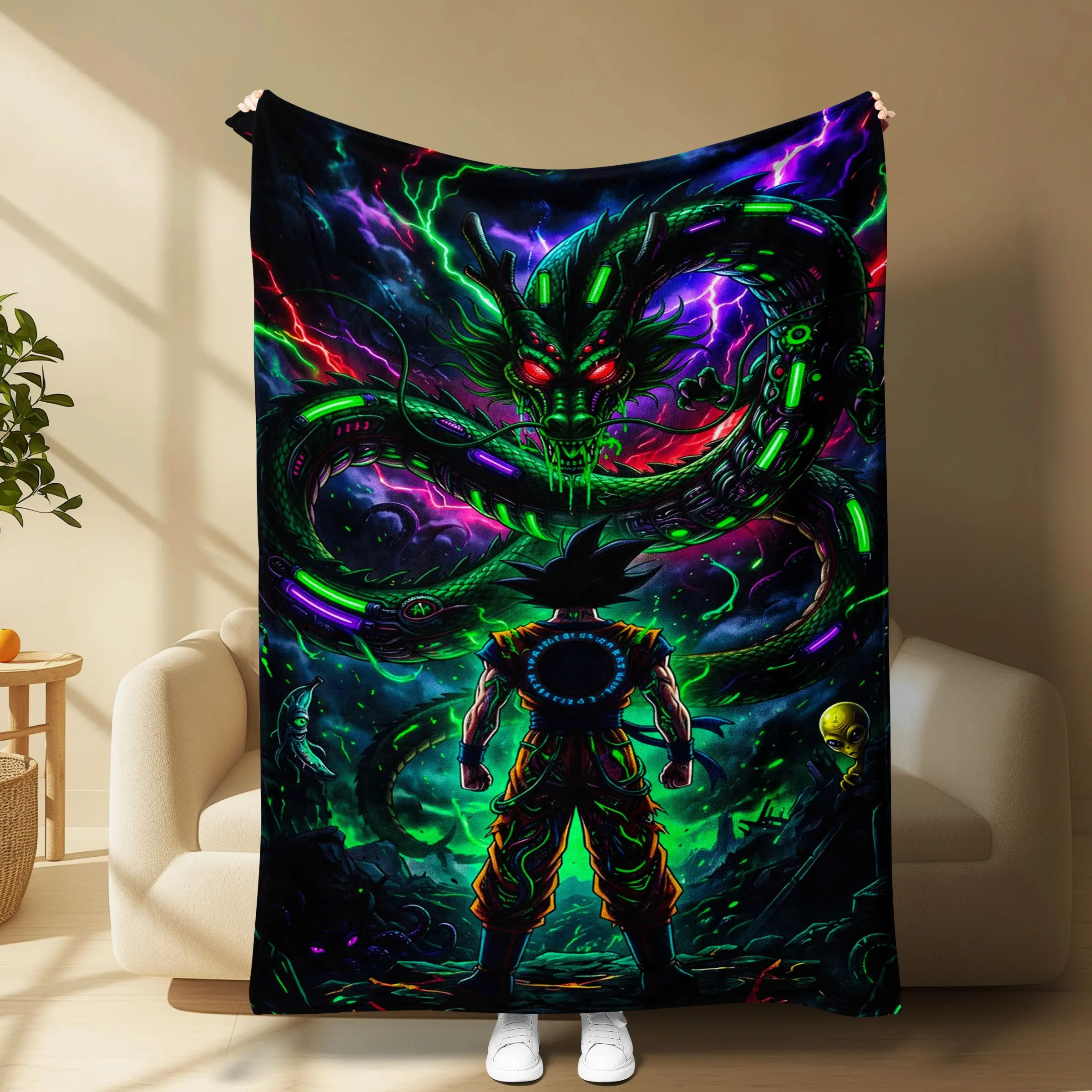 Neon Cyber Dragon Goku Lightning Flannel Blanket, Dragon Ball Z Sci-fi Anime Shenron Back View Throw Blanket, Dark Glow Gaming Bedroom Decor Warm Blanket