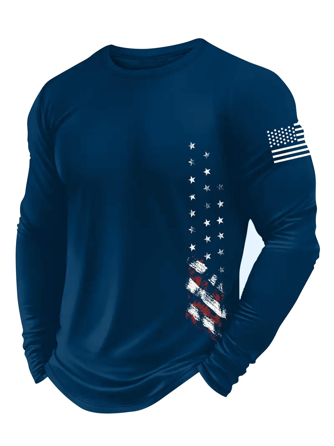 Men's American Flag Print Graphic Round Neck Long Sleeve Tee, Regular Fit Fitted Casual Crew Neck T-shirt for Fall & Winter, Men's Top for Daily Wear