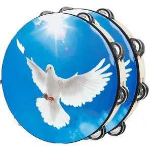 10 Inch Dual Layer Hand Crank Bell Drum, 2counts  Blue Sky Peace Dove Design, Elsjoy   Church Tambourines Musical Instrument for Home Decor, Easy to Play