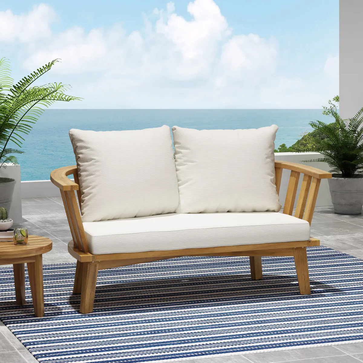Christopher Knight Home® Outdoor Acacia Wood Loveseat with Water-Resist Cushions, Open Slats - White/Teak - 55.5x27x25.5"