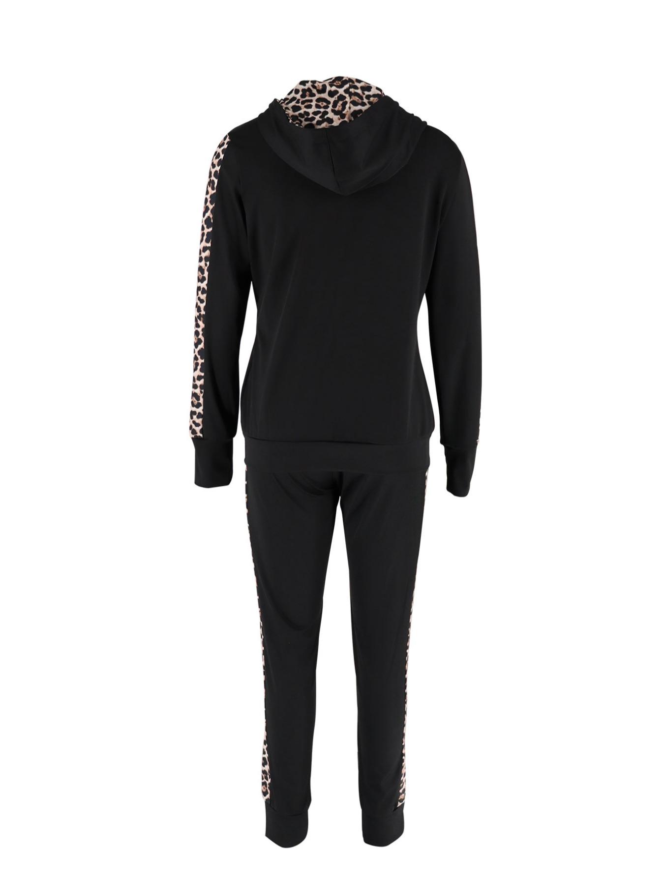 Women's Leopard Print Patchwork Hoodie Set, Long Sleeve Sweatshirt & Pants, Casual Style Fall Winter, Fitted Natural Waist Design