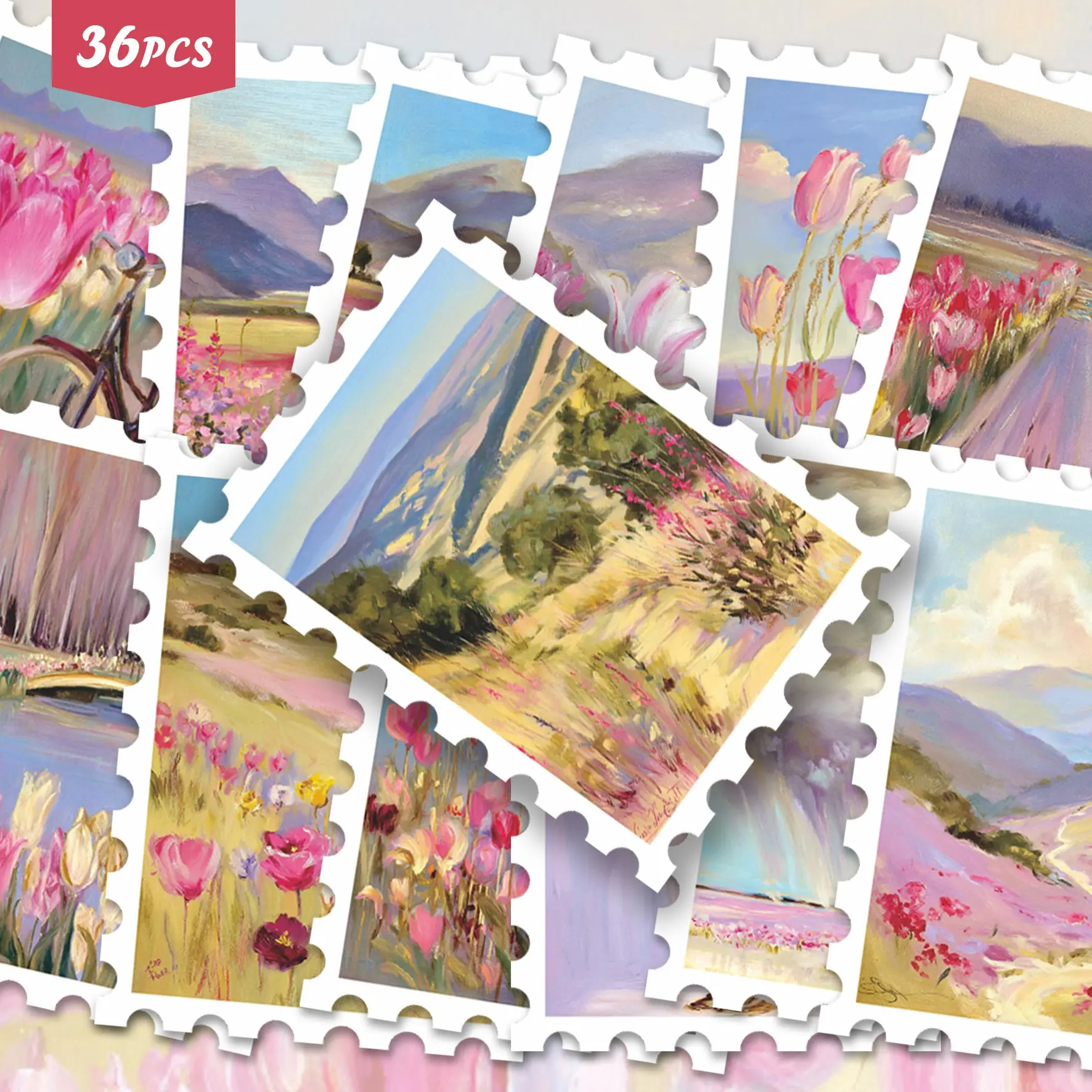 36 Pcs Pastel Pink Tulip Country Figure Oil Painting Vinyl Stickers Pack | Romantic Rural Windmill Couple Lady Landscape Border Art Decals | For Laptop, Water Bottle, Notebook, Luggage & Gift Decor | For Romantic Art & Scrapbook Hobby Collectors