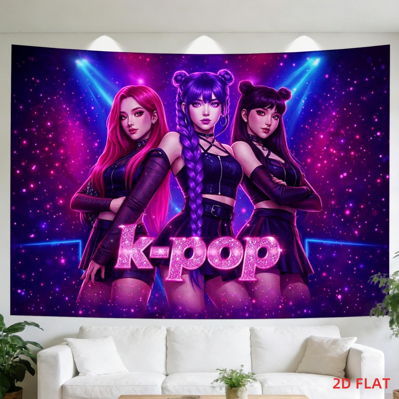 Two-dimensional plane pattern printed tapestry - Korean pop idol group, music ensemble, bright colors, purple background, performance scene, room wall decoration,suitable for living roomoffice,party decoration funny decorative tapestry durable man