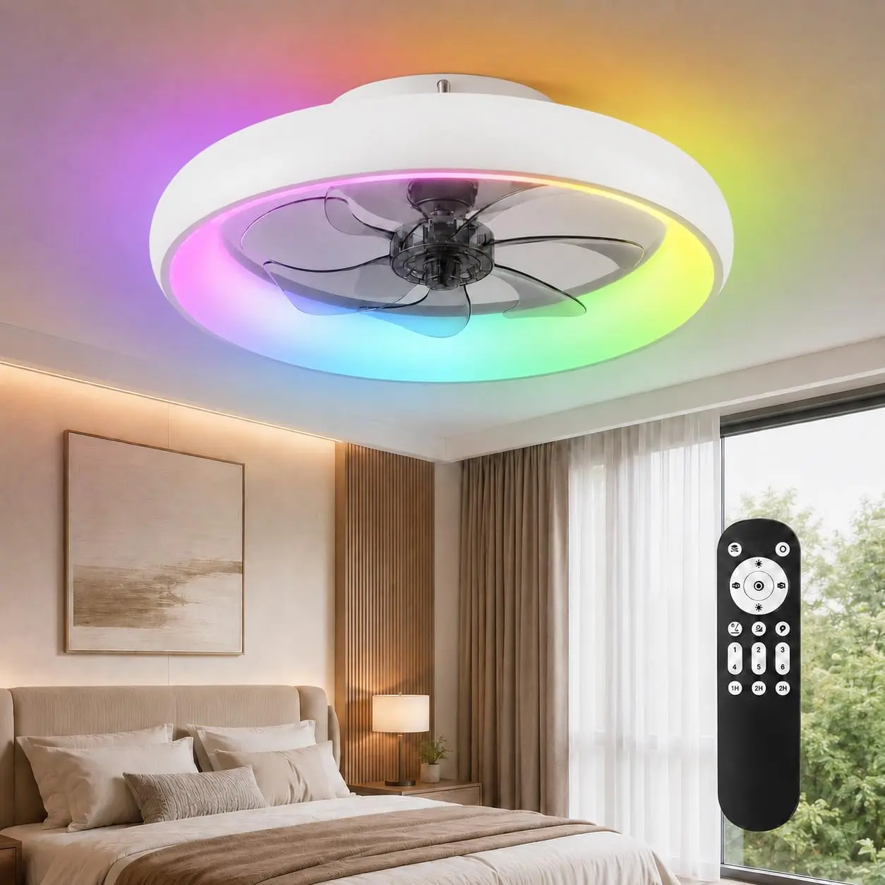 20" Modern Round Ring RGB Ceiling Fan with Lights and Remote | RGB Integrated LED Ceiling Fan Light, Low Profile Black Flush Mount Ceiling Fan with Acrylic Shade, Modern