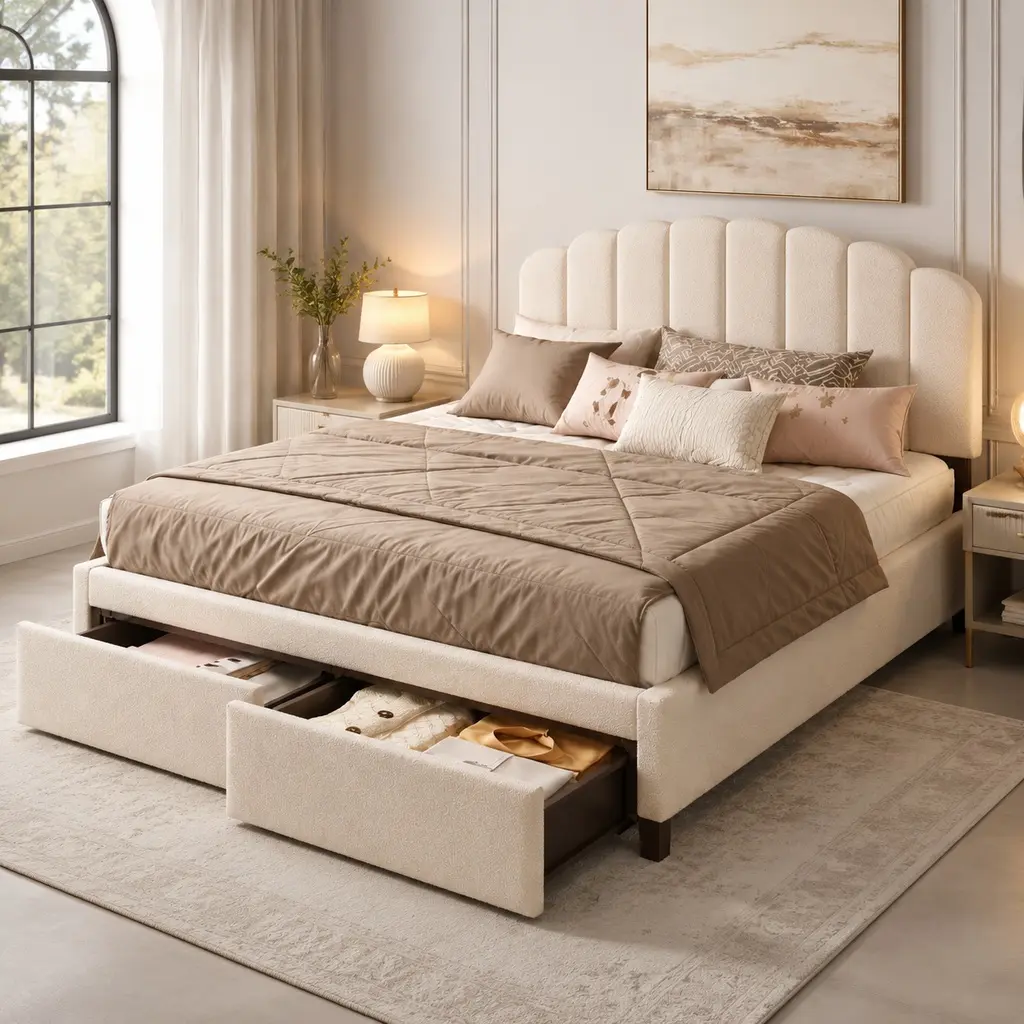 Beige Twin Size Mid-Century Boucle Fabric Upholstered Cloud Bed Frame - Tufted Arch Headboard, 2 Storage Drawers, LED Lights, USB Charge Port, 1200lb Capacity, Solid Wood Legs & Slats, No Box Spring Needed