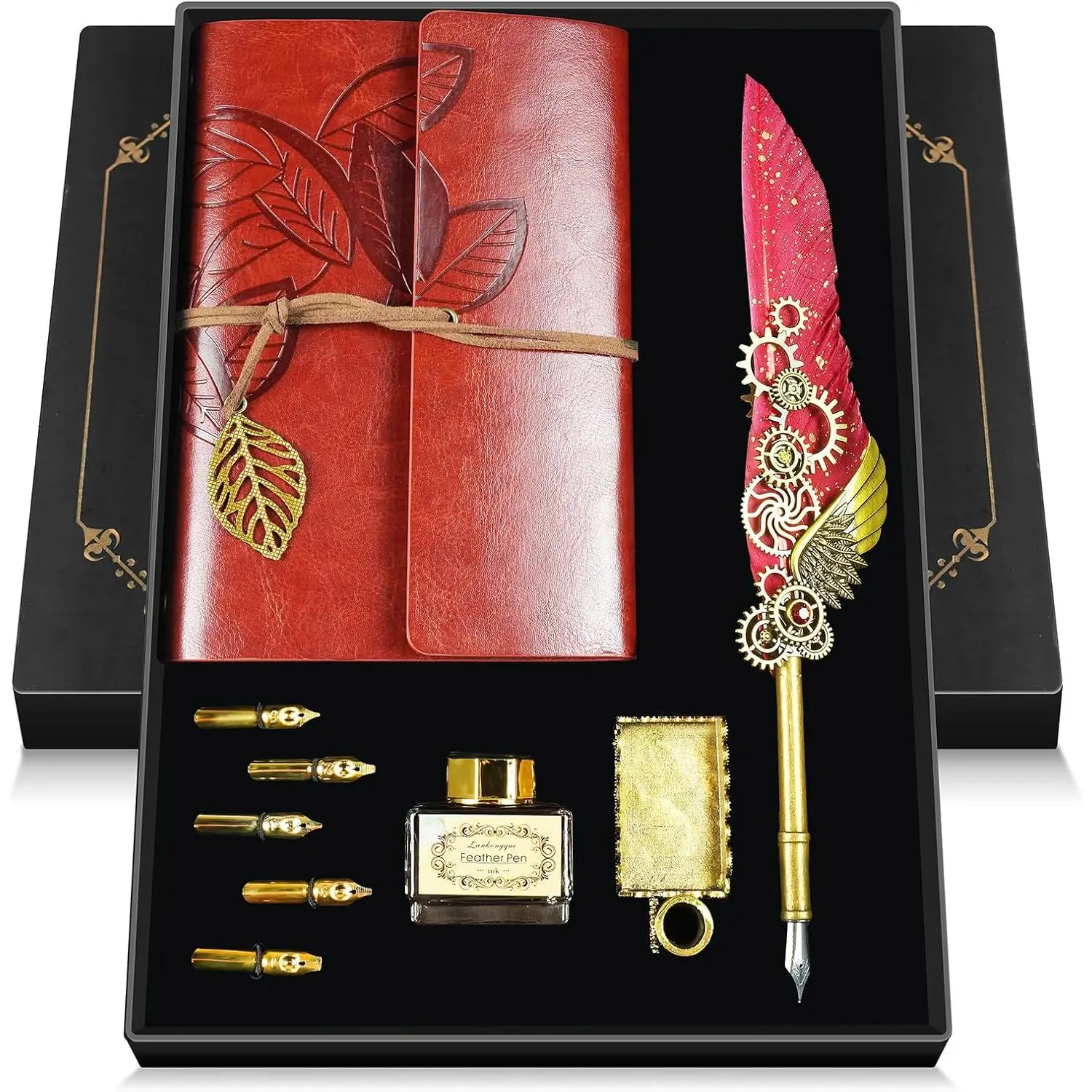 Quill Pen and Ink Set,Calligraphy Set with Leather Journal Notebook |  Pen,5  Nibs,Pen Holder,Ink,Antique Calligraphy Kits for Beginners Christmas