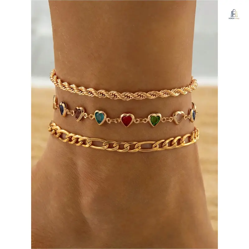 Women Ankle Bracelet Set, Vacation Party Feminine Foot Jewelry, 3Pcs Colorful Crystal Heart Metal Layered Anklet Pack, Simple Versatile Elegant Stackable Ankle Chain for Ladies Holiday Outfit, Sparkling Dainty Skin-friendly Adjustable All-match Decorative