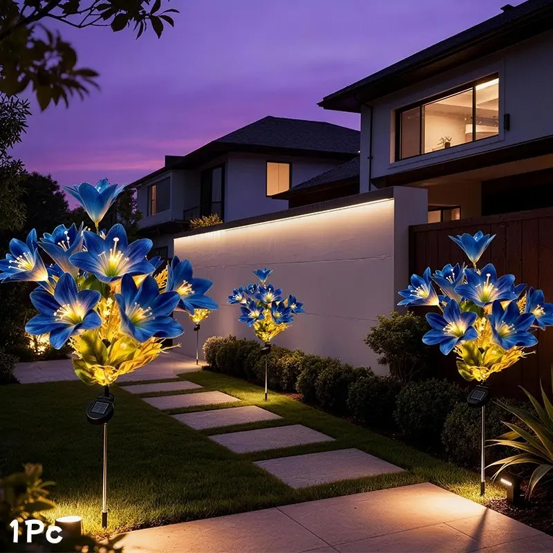 Solar Lily Outdoor Lawn Light, 7 Blue Blooming Romantic Floral Decorative Lights, Pathway Lamp, Solar Landscape Lights for Camping, Garden, Wedding, Independence Day