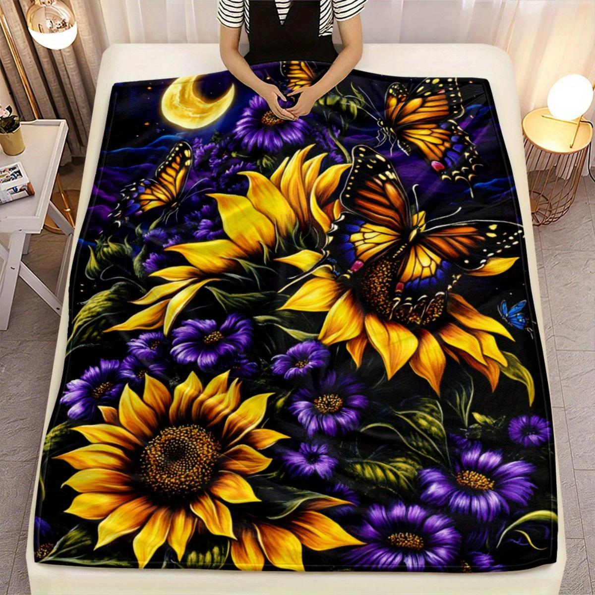 Sunflowers and butterflies Blanket-Lightweight Flannel Home Furnishings Bedding Blanket Suitable for Sofas Beds Travel Camping Living Rooms Offices Sofas Chairs and Beds-Soft and Warm Flannel Fabric Digital Printed Blanket