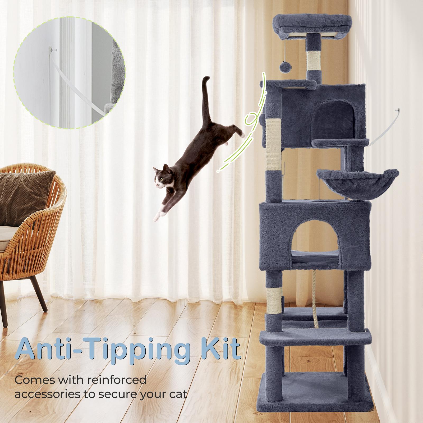 66 Inch Large Cat Tree Tower for Multiple Cats with 2 Condos 3 Perches Hammock Pompoms Extra Wide Platform Indoor Cat Activity Center