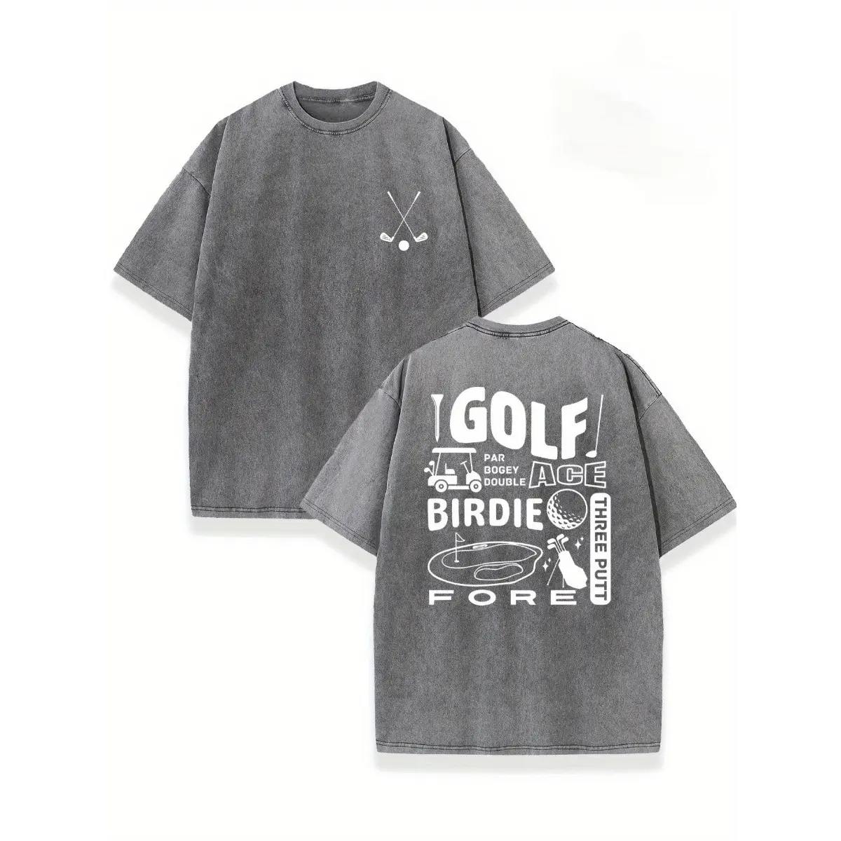 Men's 100% Cotton Vintage Washed Golf T-Shirt - Oversized Short Sleeve Crew Neck with Golf Ball & Club Print, Casual Summer Wear for Golf Course & Leisure, Loose Fit
