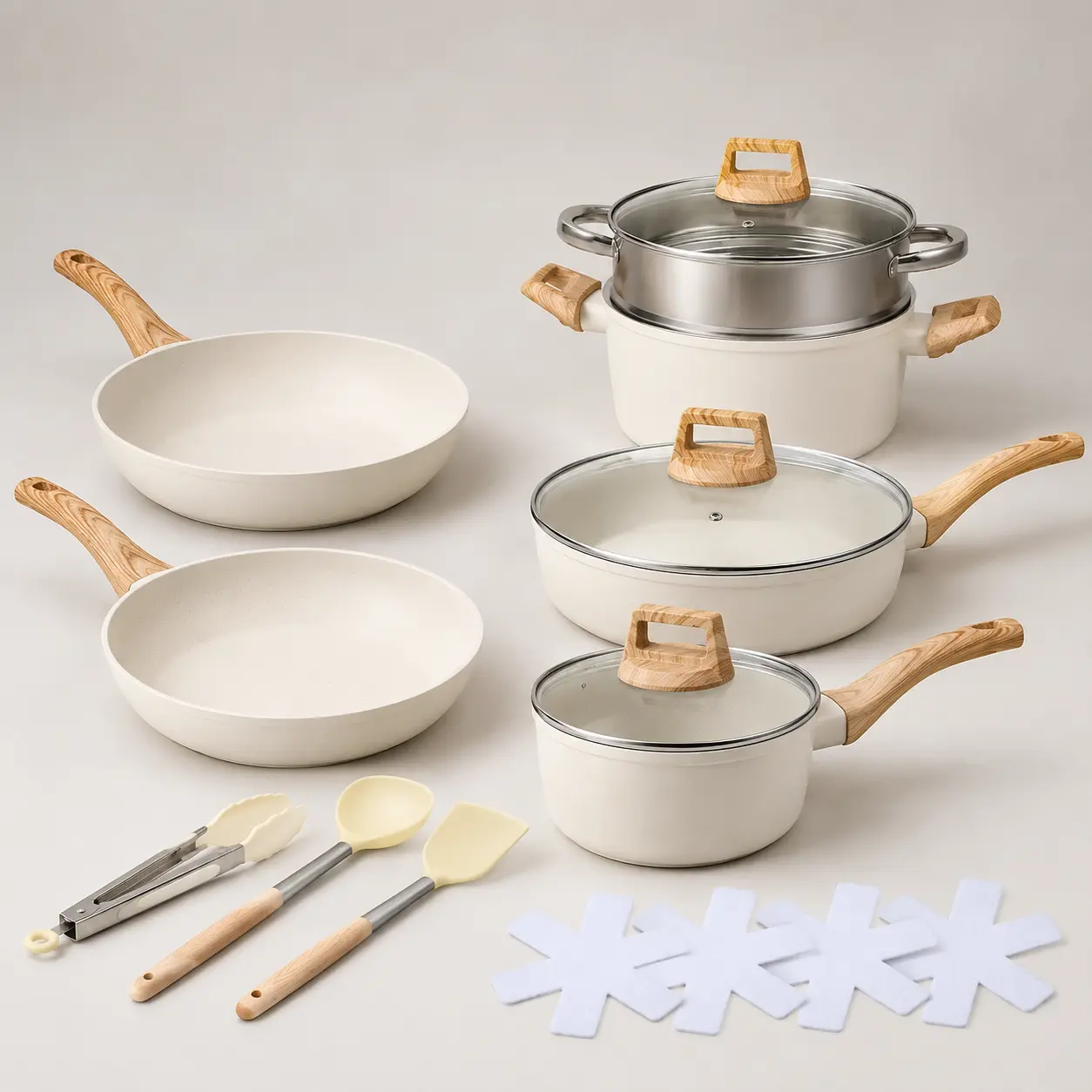 16PCS Nonstick Pots and Pans Set, Cream White Cookware Set with Frying Pans, Saucepans, Saute Pan, Steamer, Utensils & Protectors,Plush,Extendable,Christmas,outdoor,Cute,Portable,Translucent,fireplace,tactical,Ice Cooler,propane,turkey,pressure,minifire