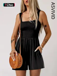 Women's Plain Pocket Shirred Tank Romper, Fashion Casual Square Neck Sleeveless Romper for Daily Outdoor Wear, Ladies Clothes for Summer