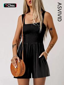 women's plain pocket shirred tank romper, basic fashion casual square neck sleeveless romper for daily wear, summer rompers, pleated jumpsuitwomen, playsuits for women, romper jumpsuit for women, ladies clothes for summer, womenswear, boho casual romper