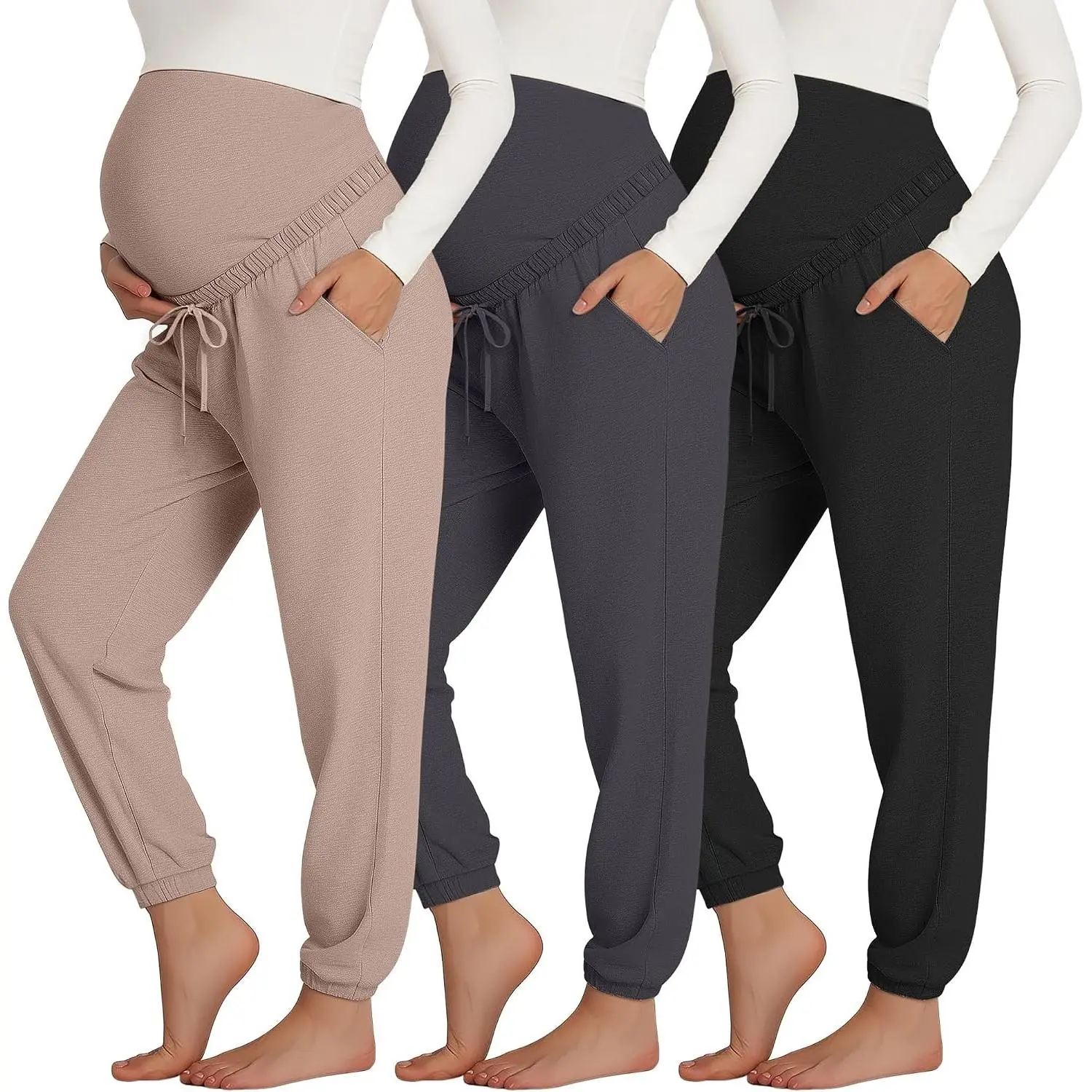 3 Pack Women's Maternity Pants | over The Belly, Pregnancy, Joggers, Stretchy, Adjustable Drawstring, Leggings, with Pockets, Pre-pregnancy, Postnatal Use
