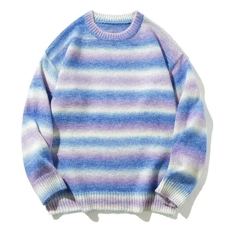 Men'S Dreamy Blue-Purple-White Gradient Striped Crew Neck Sweater, Casual And Relaxed Pullover Knitwear, Fresh Color Scheme Suitable For Campus And Commuting, Unisex Style For Autumn And Winter, Can Be Worn As An Inner Or Outer Layer#Sohochic