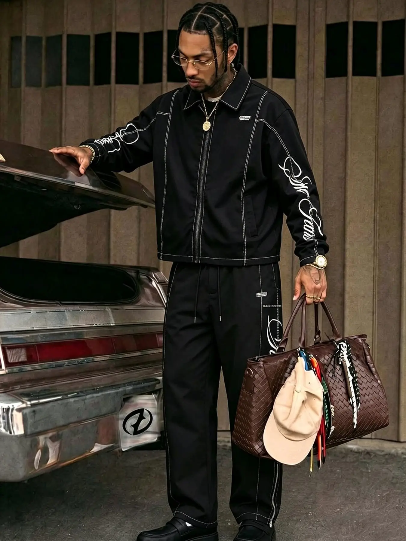 2Pcs Set Men Black Jacket Tracksuit Y2K Workwear Contrast Stitch Zip Coat and Pants Outfit for Unisex Streetwear Daily Wear