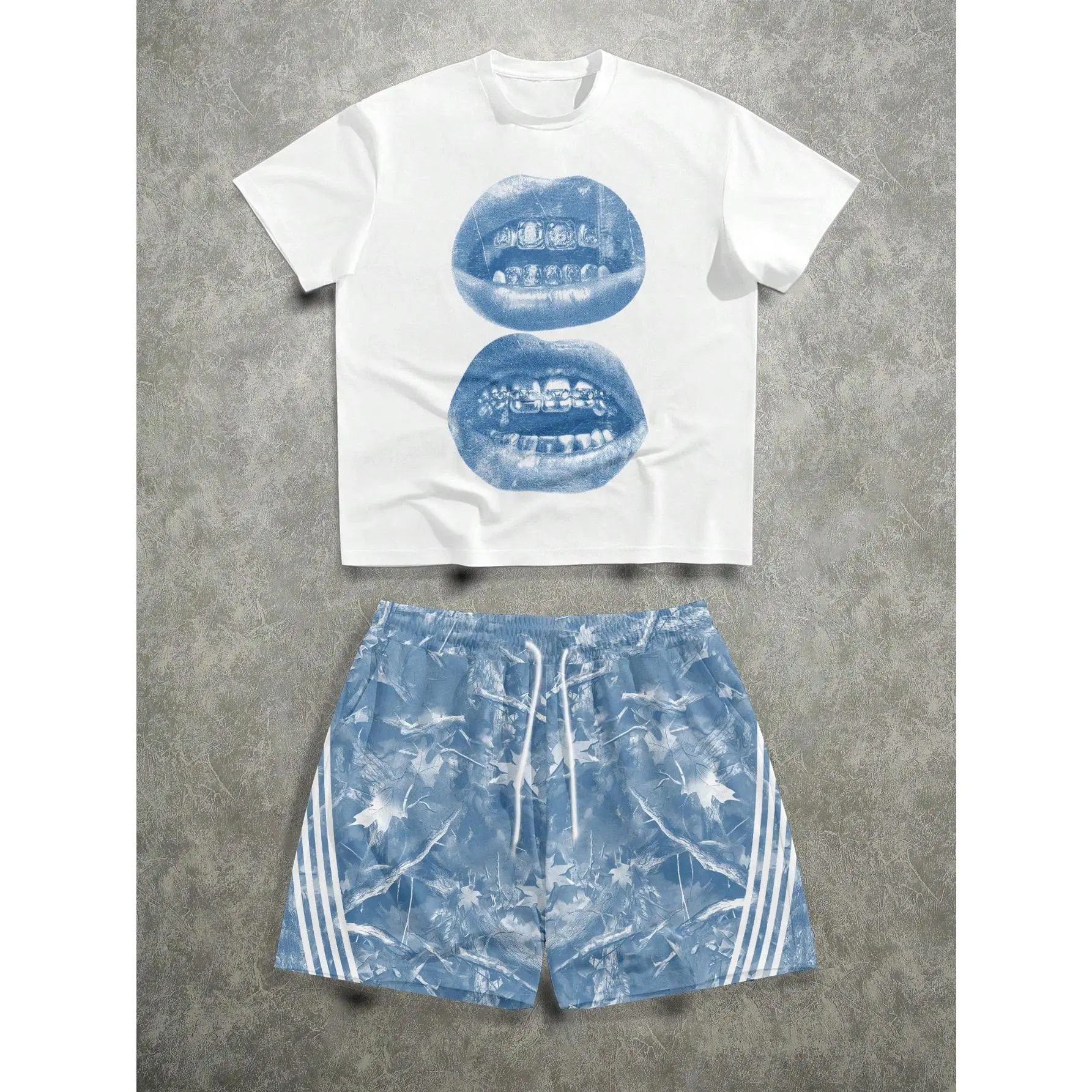Men's 2-Piece Matching Distressed Clothing Set - Vintage Streetwear Loose-Fit Blue Shortsleeve Graphic T-Shirt & White Camo Print Shorts, Menswear for Casual Summer Holidays, Cold Wash Compatible