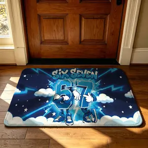 A rectangular cartoon-themed floor mat with the numbers 67 and lightning clouds, featuring a slogan. The mat has a soft, machine-washable design made from silicone and velvet, and is suitable for use as a doorstep mat to prevent dirt, in bedroom en