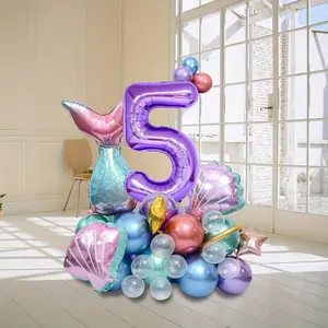 33-Piece Mermaid Theme Aluminum Foil Balloons Set, Includes Mermaid Tail, Shell, Star Shapes, Numbers, Party Decorations，Birthday party, pool/beach party, carnival, mermaid-themed party decorations，