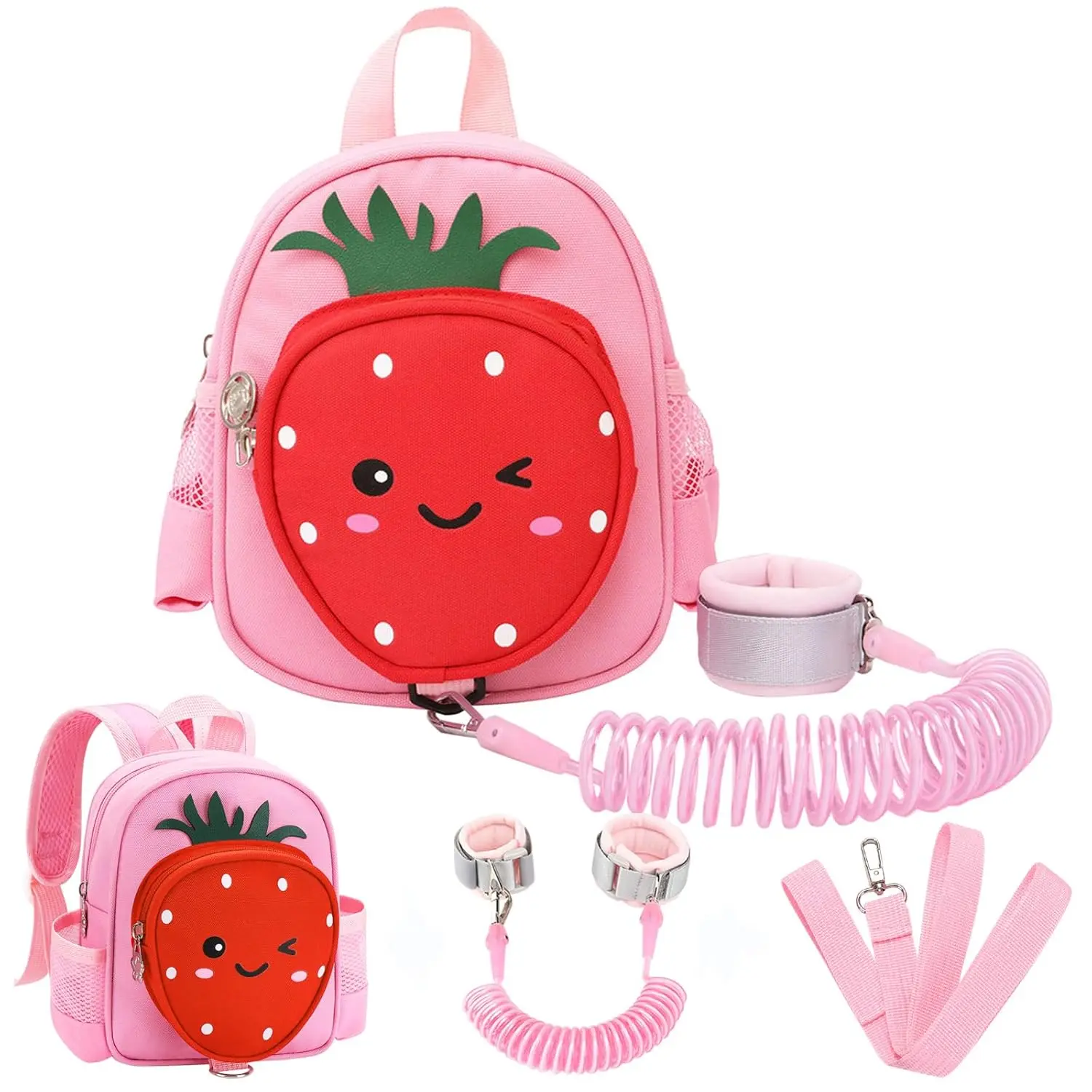 Toddler Backpack with Leash, 4 in 1 Kids Mini Backpacks with Anti Lost Wrist Link, Cute Child Harness Bag Rein  Outdoor, Strawberry Back Pack Rope Tether  Baby Girls Aged 1-3 Years (Pink) New model
