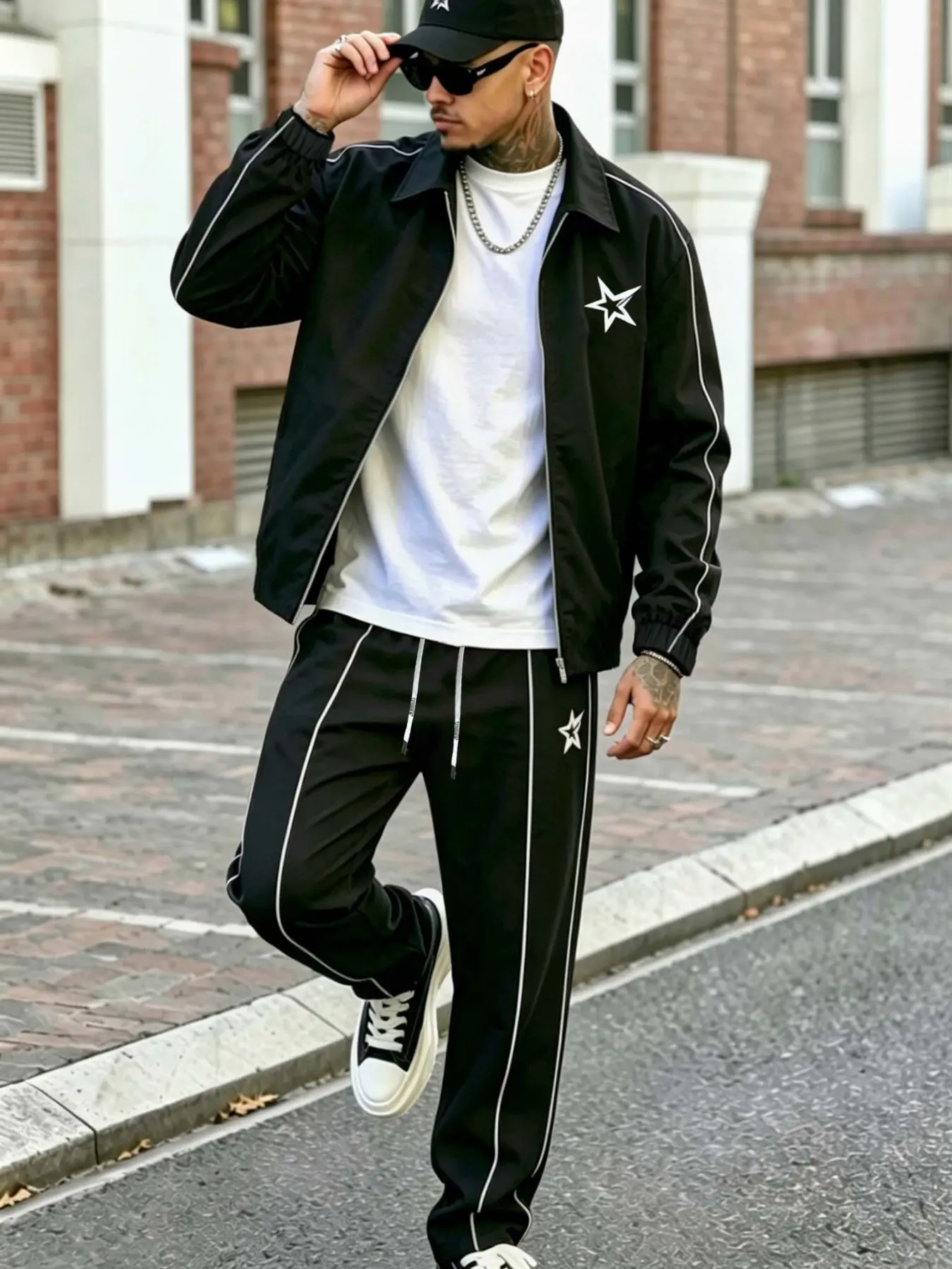 Two-Piece Star Print Set, Casual Loose Long Sleeve Zipper Jacket + Elastic Drawstring Pants, Comfortable Trendy for Husband, Family, Holiday Gifts