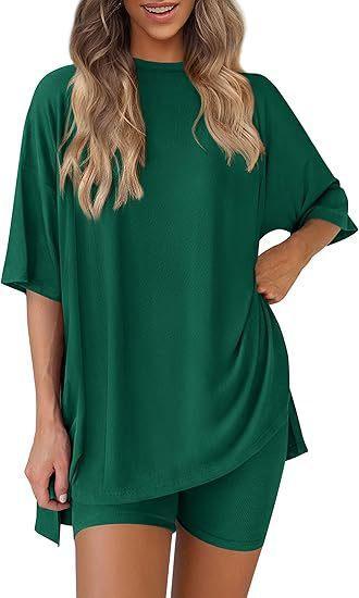 Women's 2-Piece Shorts Set Oversized T-Shirt with Side Splits and High Waist Shorts - Comfy Solid Lounge and Workout Outfit, XS-4XL