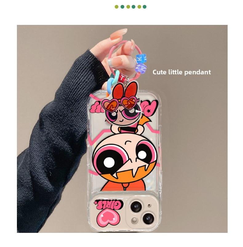 Powerpuff Girls Pendant Phone Case For iPhone 17 Pro Max 16 15 Plus 14 13 Pro Lens Flip Mirror Silicone Shockproof and Drop-Proof Protective Cover
