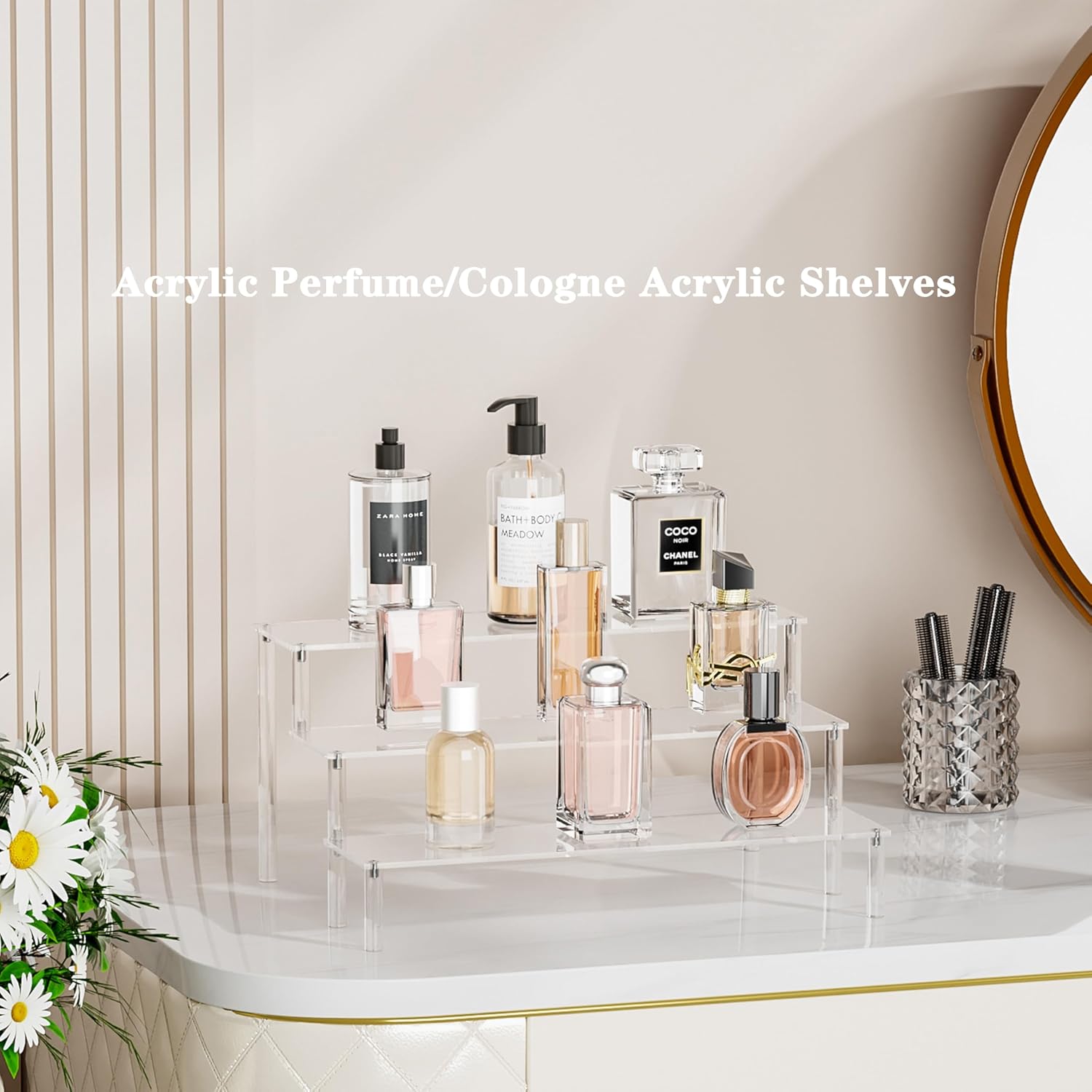 Display Risers Stand ,3 Tier Shelf for Perfume Organizer,  POP Figures, Cupcake Display, Amiibo, , and Desserts Holder  Shelves for Vendor Booth, Collections, Countertop (Clear, 3 Tier)