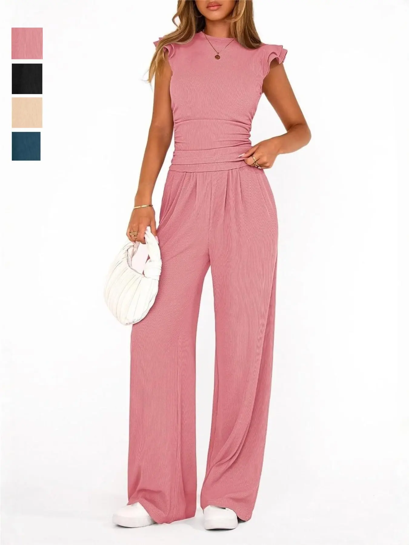 Fashionable Women's Summer Two-Piece Set, Solid Color Ruffle Wide Leg Pants, Casual Stylish, New Arrival Ladies' Clothing