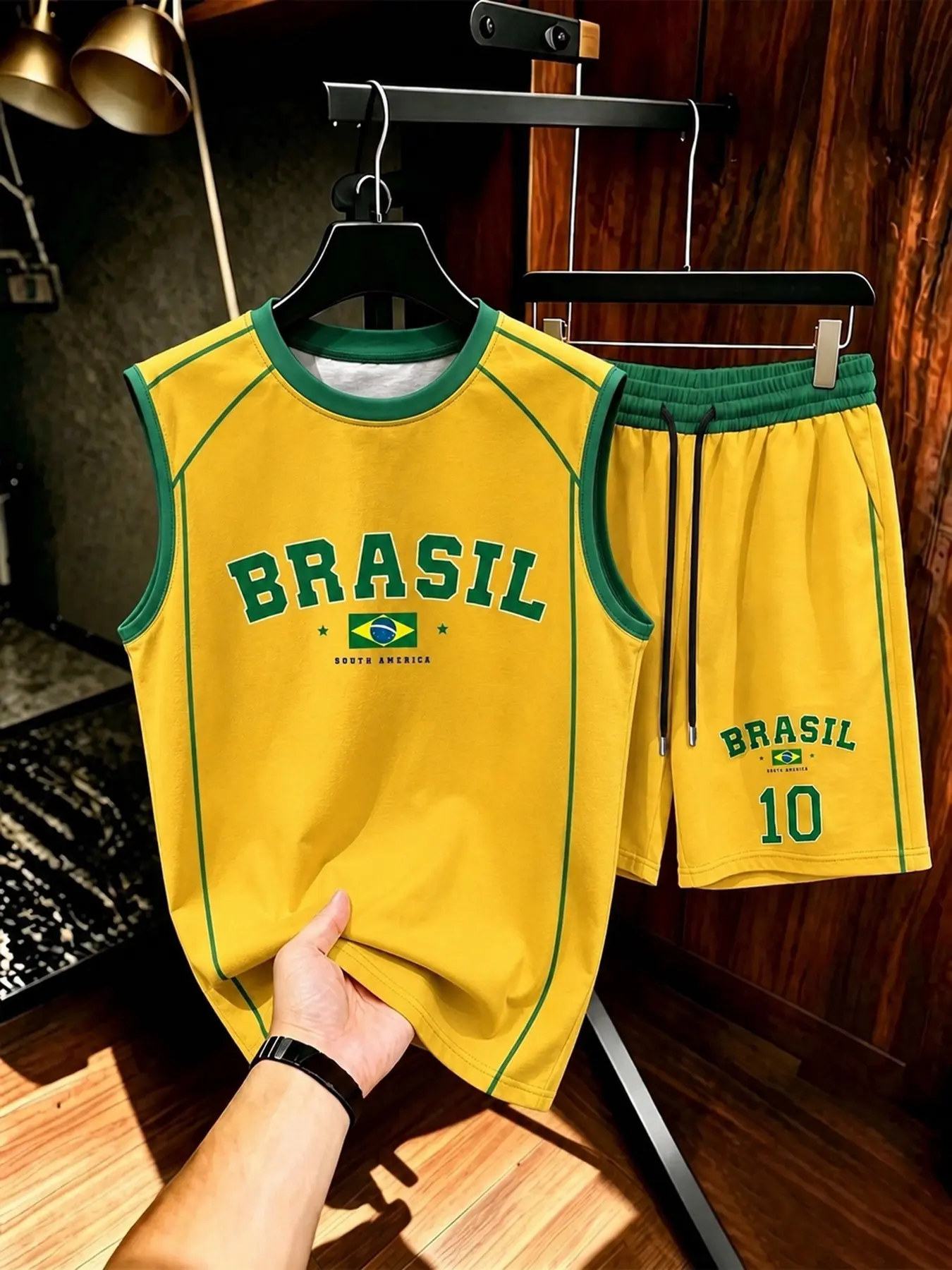 Men's Round Neck Vest and Shorts Set, Brazilian Print, Casual Sleeveless Top, Outdoor Travel Party Streetwear, Comfortable Fashion