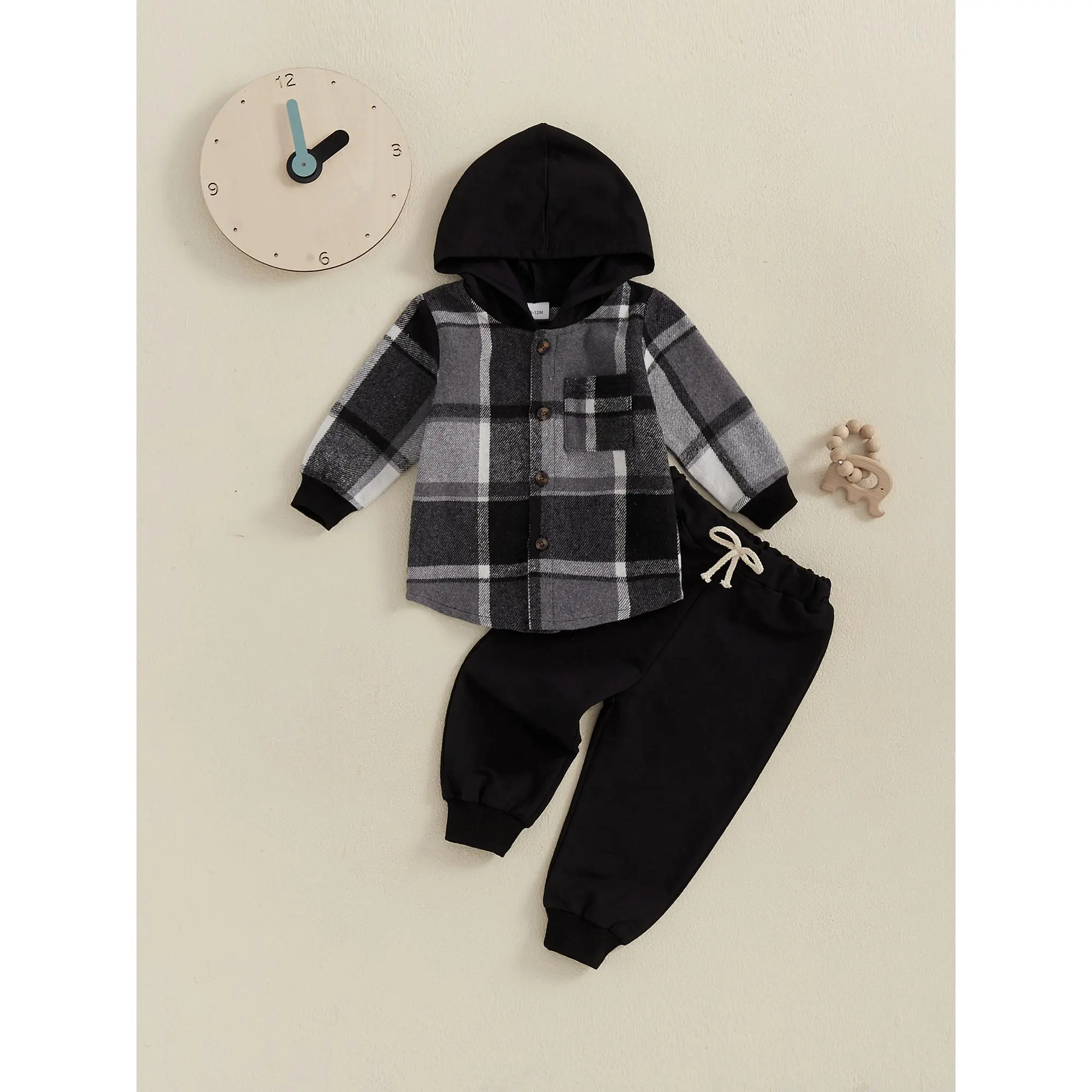 Baby Boys Outfit, Long Sleeve Hooded Plaid Jacket with Elastic Waist Pants Infant Clothes