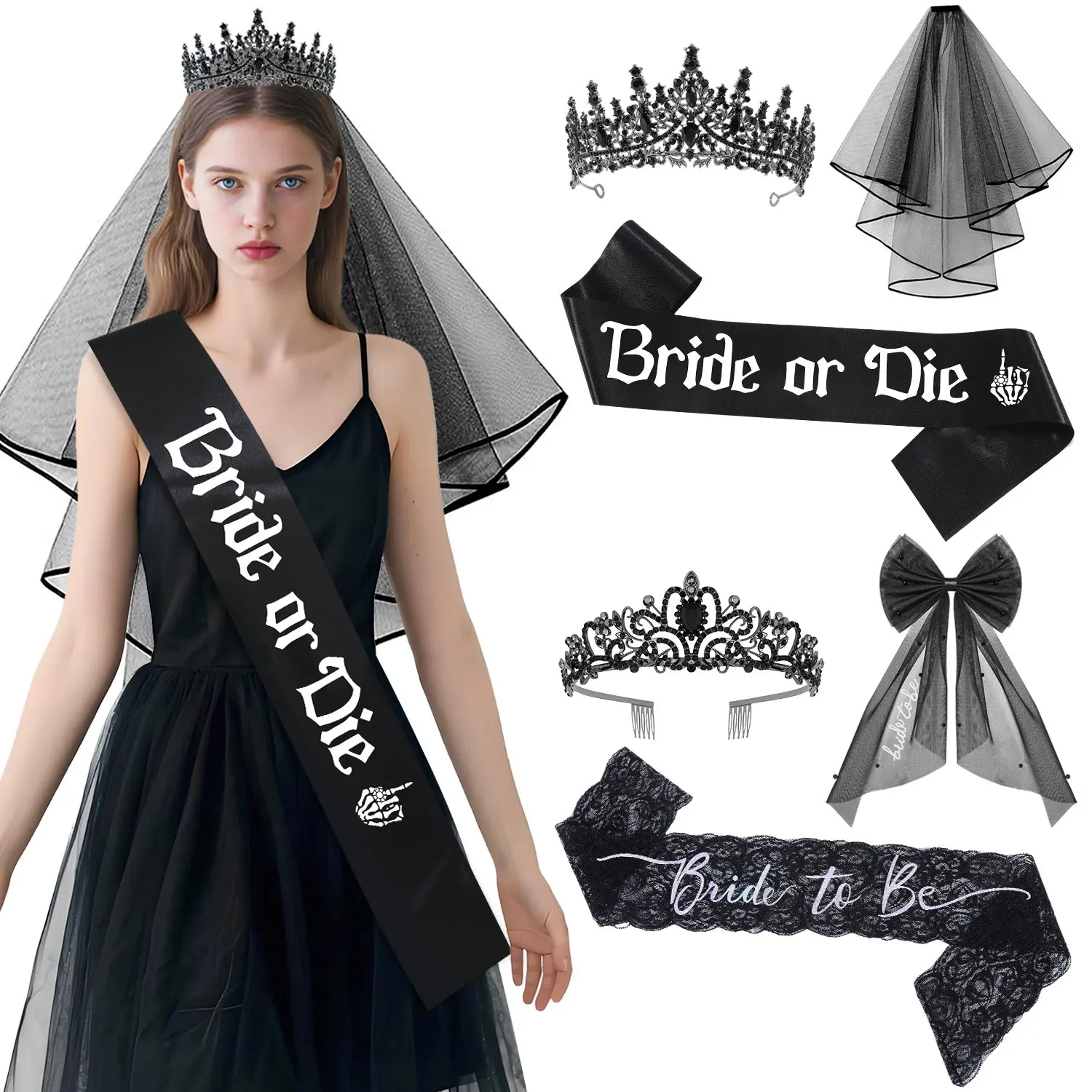 Gothic Wedding Party Decoration Set, Bride Crown Veil Ribbon, Wedding Decor, Halloween Gothic Wedding Accessories