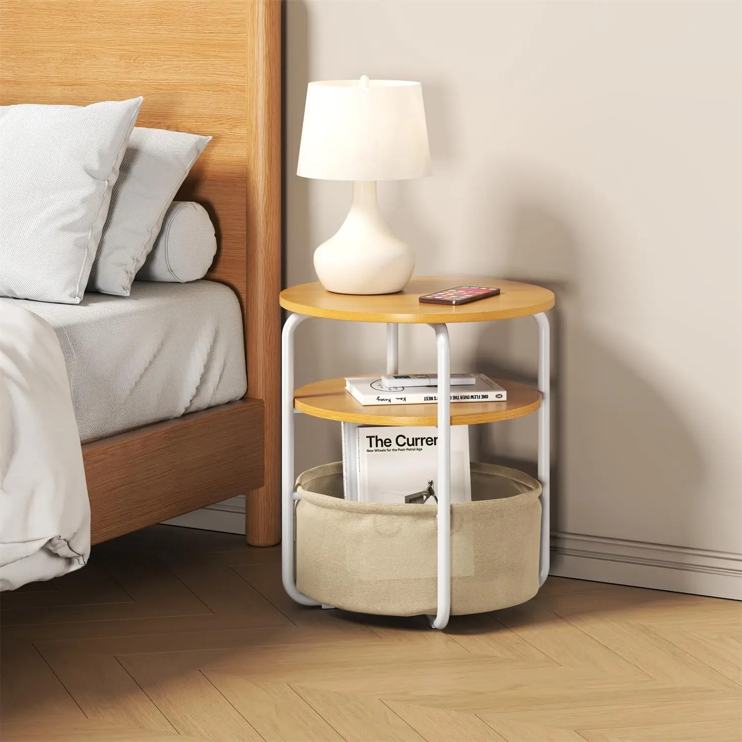 Space-Saving 3-Tier Computer Desk Side Table – Sturdy Metal Frame, Removable Fabric Basket, Adjustable Feet – Modern Minimalist Living Room, Bedroom, Office Furniture – Grey