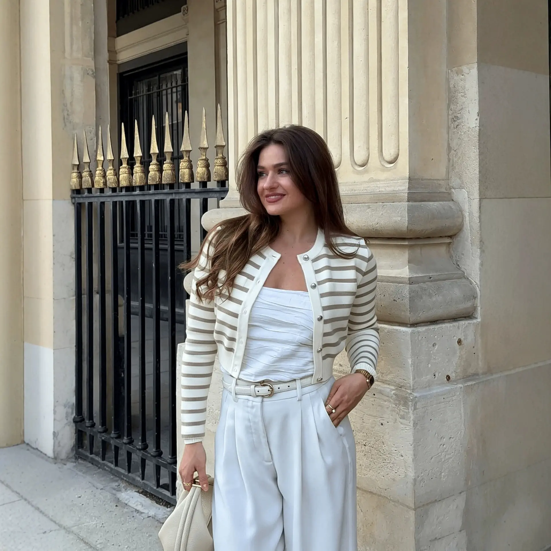 Women's Preppy Striped Knit Cardigan - Crew Neck, Button-Front, Slim-Fit Long-Sleeve Cropped Sweater Jacket, Soft Everyday Layering Top for Fall, Winter, Longsleeves