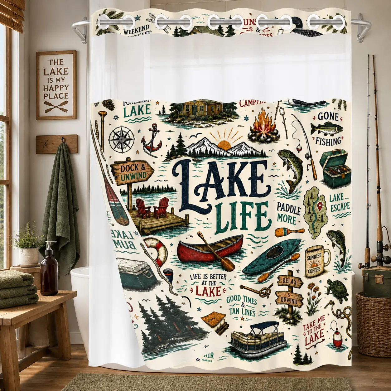 1PC 2D Flat Lake Life, Fishing, Camping, Canoe & Mountain Pattern Double-Layer Woven Shower Curtain, No Hooks, Transparent Top Window, Removable Snap-On Liner, Rustic Cabin Bathroom Art Decor, Bathroom & Holiday Decoration