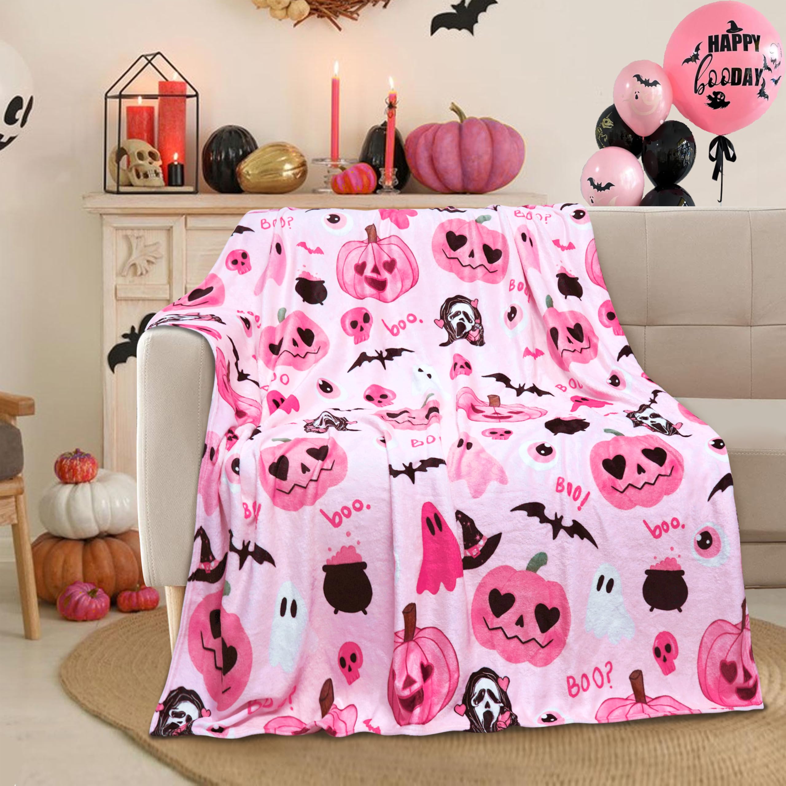 Pink Pumpkin Skull Bat Themed Halloween Blanket Fall Super Soft Cozy Plush for Couch Chair Bed  Halloween Gifts